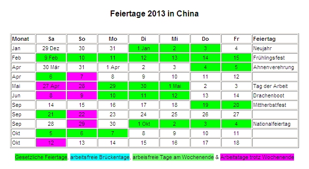 Kalender 2013 für China Feiertage Kalender 2013 für China Feiertage